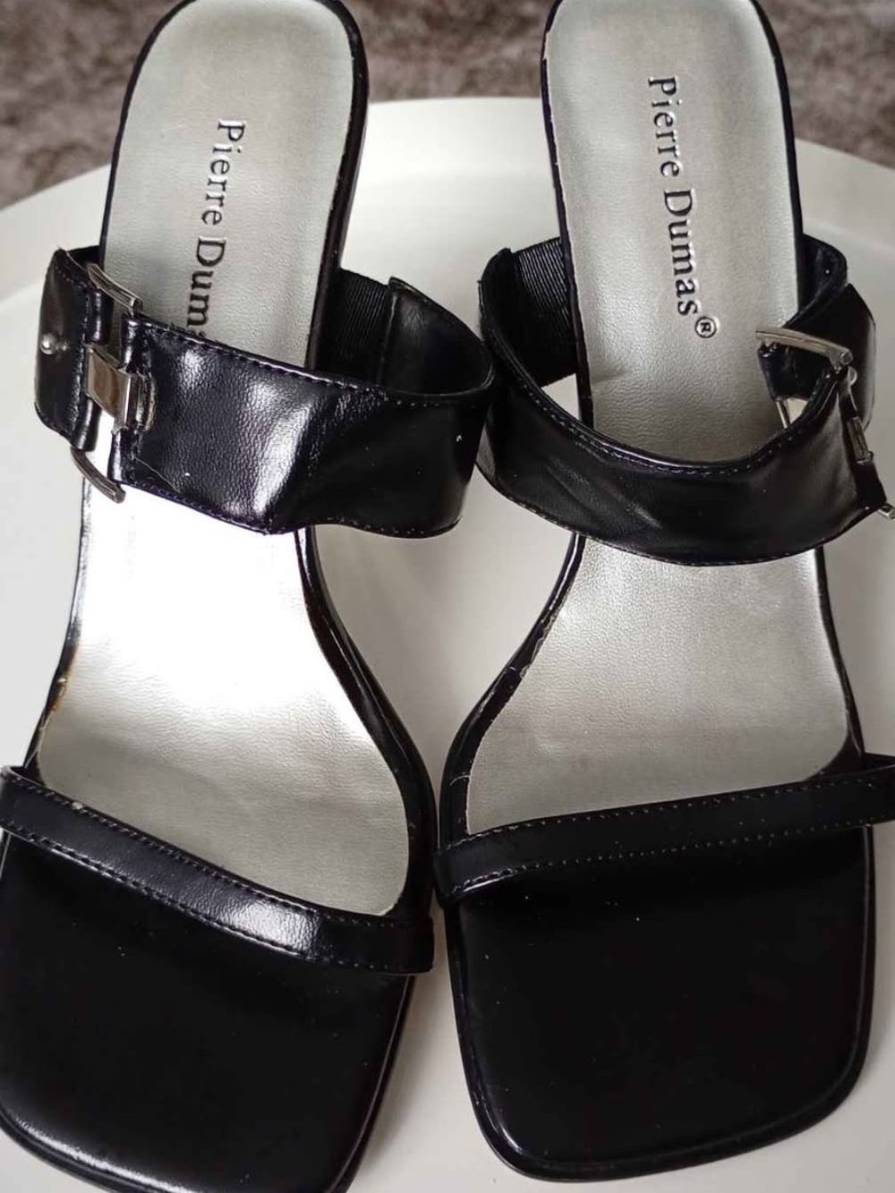 Pierre Dumas Black Patent Square-Toe Slide Mules